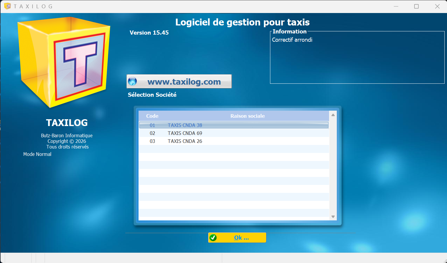Logiciel Taxilog version 15.45, écran de sélection de société